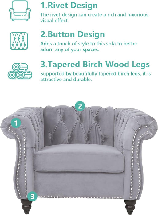 3 Piece Living Room Set, Sectional Chesterfield Sofa Chair Contemporary Upholstered Velvet Loveseat Couch Sets for Living Room, Bedroom, Office