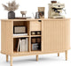 Sideboard Buffet Cabinet with Storage, 55" Fluted Coffee Bar Cabinet with Tambour Sliding Doors and Drawer, Mid Century Modern Wood Storage Buffet Table for Kitchen, Living Room, Oak