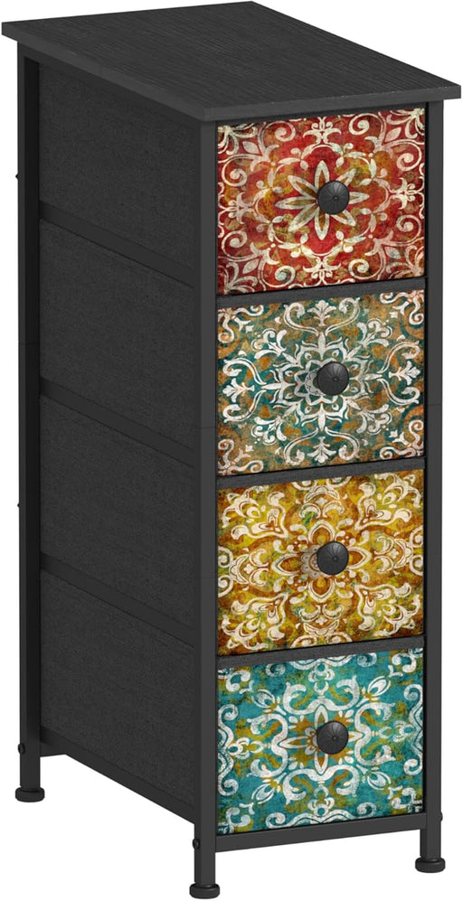 Skinny Slim Dresser with Fabric Drawers Thin Boho Mandala Flower Chest of Drawers Narrow Storage Tower for Small Spaces Gaps Bedroom Beautiful Nightstand Living Room Table