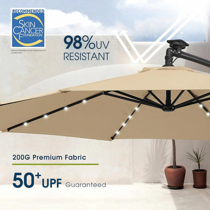 10Ft Solar LED Offset Patio Umbrella, Outdoor Cantilever Patio Umbrellas with Solar Lights for Backyard, Poolside and Garden, Easy Tilt Adjustment, 32 LED Lights & Polyester Shade, Tan