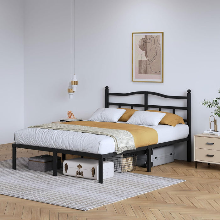 14 Inch Metal Bed Frame - Full Size Heavy Duty Bedframe with Headboard Black Basic Steel Slats Platform No Box Spring Needed/Easy Assembly/Noise Free