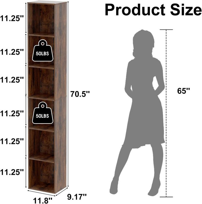 6-Tier Tall Narrow Bookshelf, 70.5" Skinny Thin Bookcase, Brown | Corner Shelf Slim Storage Cabinet,Wood DVD CD Media Cube Organizer Tower Rack for Small Spaces, Bedroom, Living Room, Office