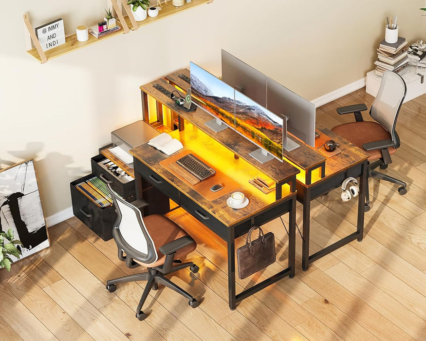 48-Inch Computer Desk with Fabric File Cabinet and Fabric Drawers, Reversible Office Desk with LED Strip and Power Strip, Gaming Desk with Monitor Riser, Writing/Study Table for Home, Vintage