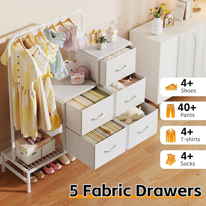 Dresser for Bedroom with Hanging Rack, 5 Drawers Dresser with Clothes Rack, Fabric Dressers & Chest of Drawers with PU Finish Storage Organizer, for Living Room Closet, White