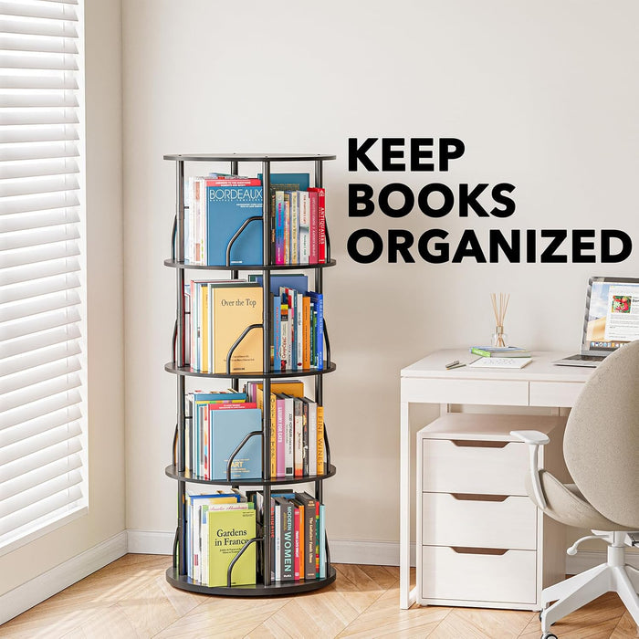 4 Tier Rotating Bookshelf Tower, 360 Display Stackable Spinning Bookcase, Space Saving Revolving round Book Shelf, Floor Standing Swivel Corner Organizer, Black
