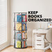 4 Tier Rotating Bookshelf Tower, 360 Display Stackable Spinning Bookcase, Space Saving Revolving round Book Shelf, Floor Standing Swivel Corner Organizer, Black