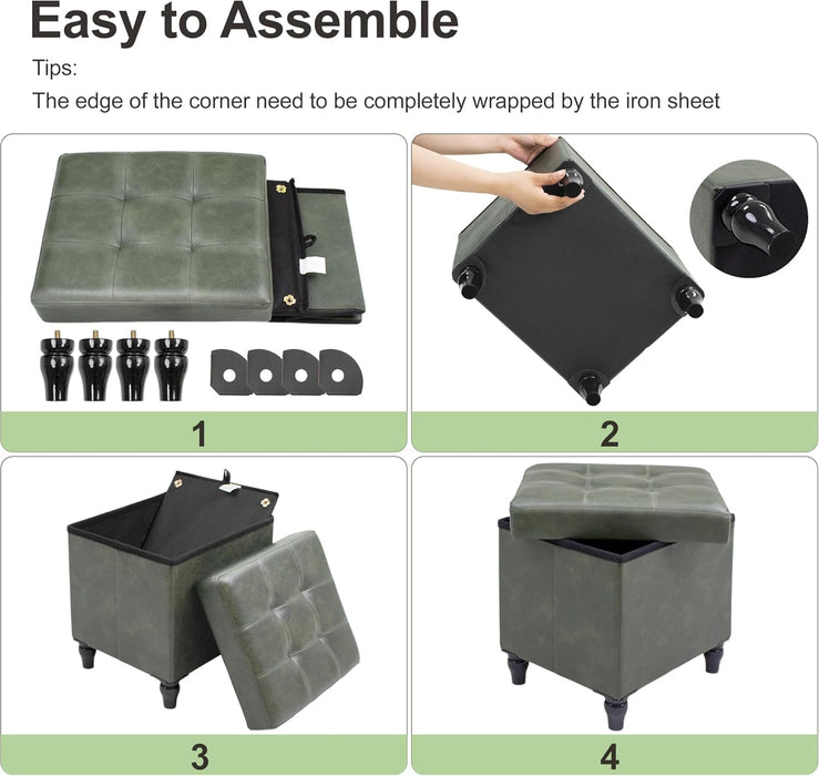 Storage Ottoman Bench, 15 Inches Foldable Ottoman Foot Stool with Legs, PU Leather Footrest for Living Room, Bedroom, Dorm (Green)