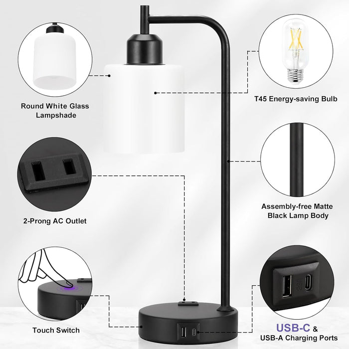Industrial Touch Bedside Lamps for Bedrooms Set of 2 - 3-Way Dimmable Nightstand Lamps with USB C+A Ports and Outlet, Table Lamps with Opal Glass Shade for Living Room, Desk Lamps for Home Office