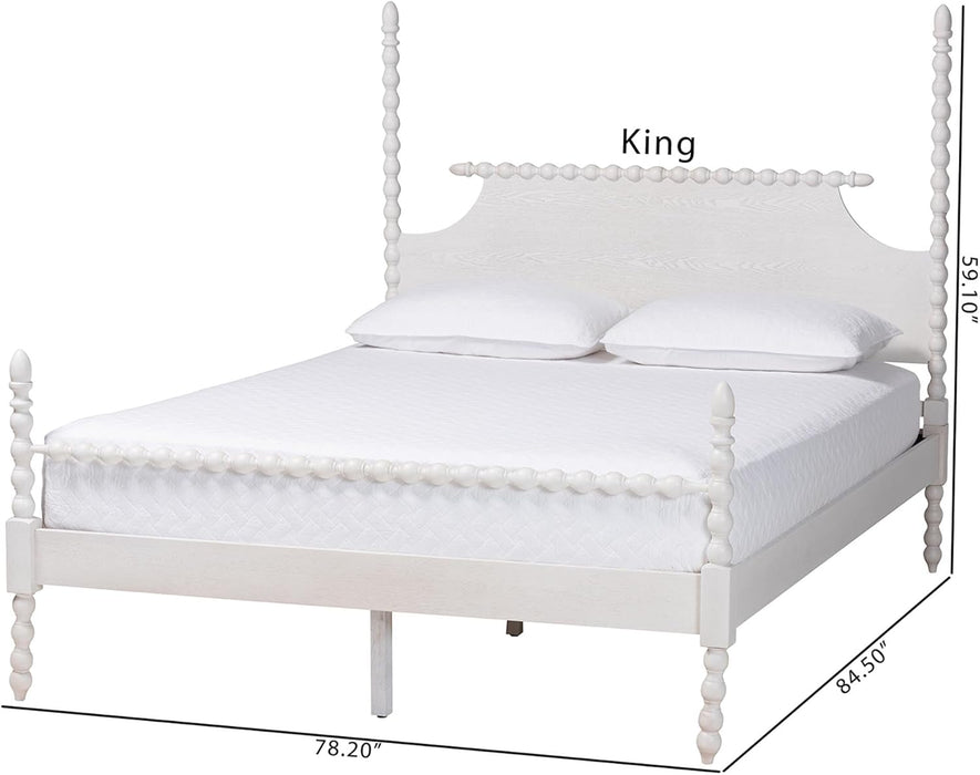 Caliana Bobbin Four-Poster Platform Bed - Wooden Bed Frame with Turned Spindle Posts and Panel Headboard, Vintage-Inspired Bedroom Furniture, White, Queen