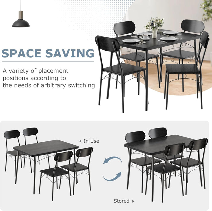 Dining Table Set for 4, 5-Piece Kitchen Table with 4 Chairs, MDF Board Tabletop with Metal Frame for Small Space, Compact Dinette, Breakfast Nook, Black