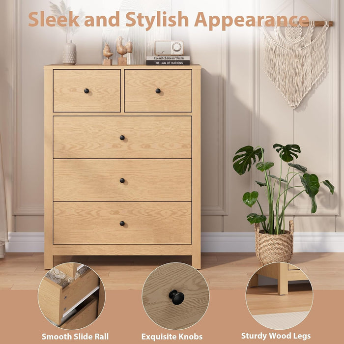 Natural 5 Drawer Dresser, Tall Modern Dresser for Closet, Bedroom