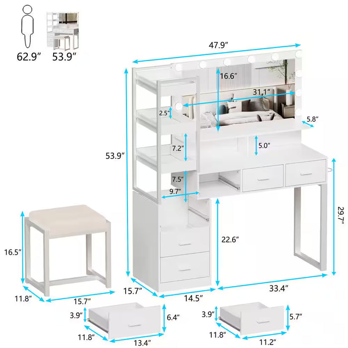 White Makeup Vanity Set with LED Lighted Mirror and Power Outlet, 6-Drawers and 3 Storage Movable Shelves