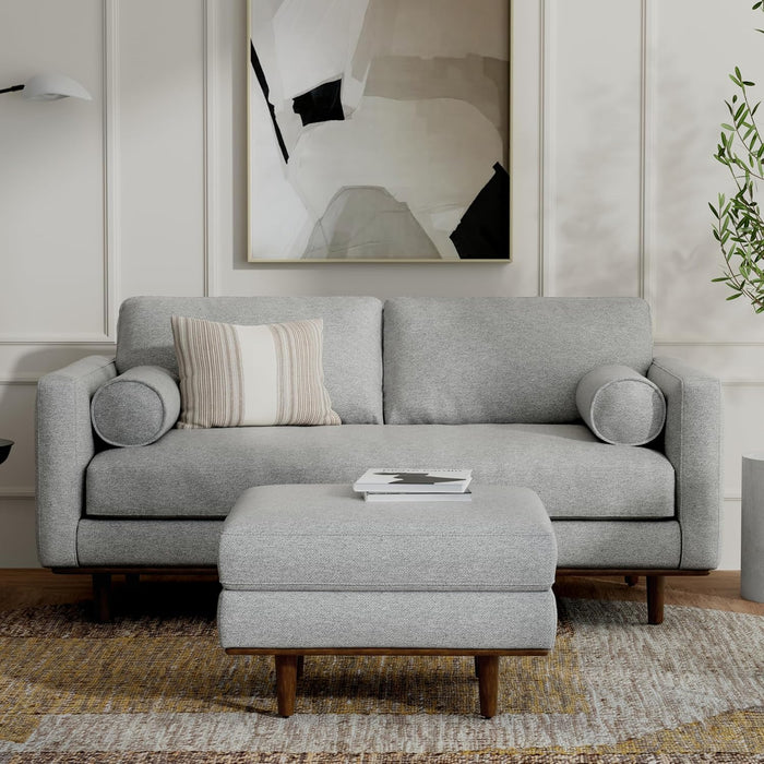 Morrison Mid-Century Modern 72 Inch Wide Sofa with Ottoman Set in Mist Grey Woven-Blend Fabric for the Living Room and Family Room