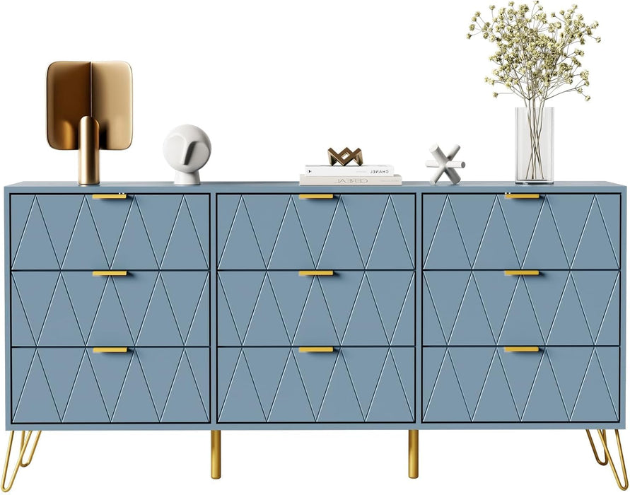 9 Drawer Dresser, Storage Dresser with Wide Drawers and Metal Handles,Wood Storage Chest of Drawers for Living Room,Bedroom,Entryway,Hallway (Blue)