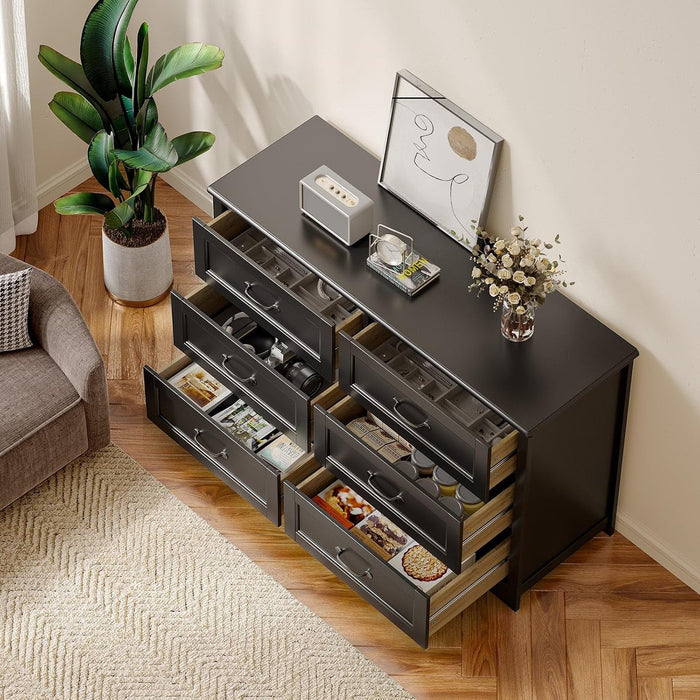 47" 6 Drawer Dresser, Black Wide Chest of Drawers for Bedroom