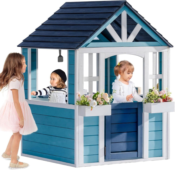 Wooden Playhouse, Outdoor Kids Playhouse with Sink, Stove, Cookware, Flowerpot Holders, Snack Bar, Cottage Play House for Backyard, Blue