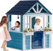 Wooden Playhouse, Outdoor Kids Playhouse with Sink, Stove, Cookware, Flowerpot Holders, Snack Bar, Cottage Play House for Backyard, Blue