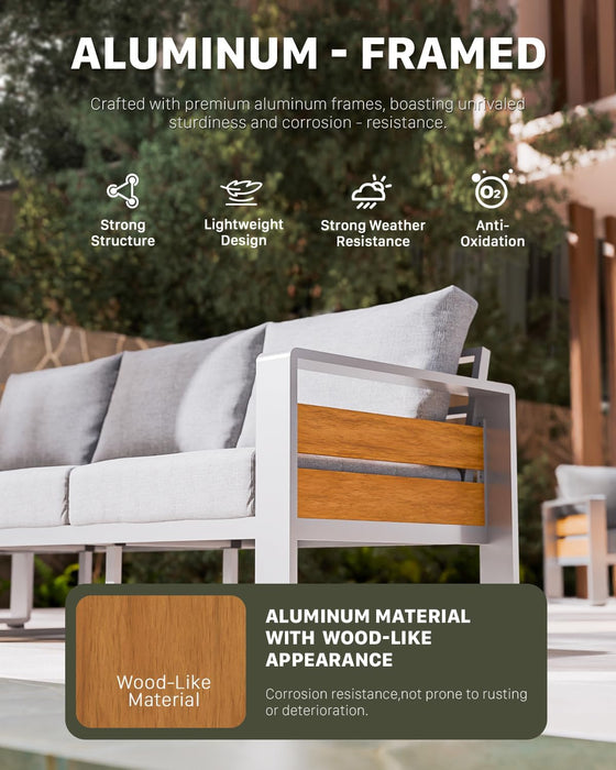 Aluminum Outdoor Patio Furniture Set with Coffee Table, 2 Seats Patio Conversation Sets with Washable Thick Cushions, Outdoor Sectional for Porch, Backyard, Deck, Garden & Poolside, Silver