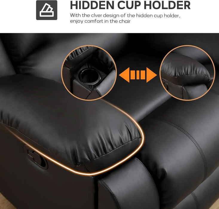 Faux Leather Manual Reclining Sofa with 2 Concealed Cup Holders, Overstuffed Armrest 3 Seat Recliner Sofa, Couch for Living Room, Meeting Room, Bedroom, Black