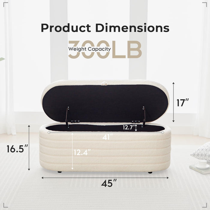 Storage Ottoman Bench End of Bed for Bedroom,45 Inch Boucle Upholstered Entryway Shoe Seat Bench W/ Storage,Sherpa Modern Cute Padded Blanket Chest Stool Foot Rest for Living Room,Off-White