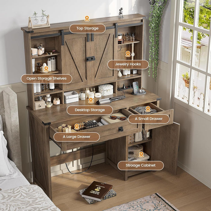 Makeup Vanity with Lights & Barn Doors, Vanity Desk with Mirror and Lights & Charging Station, Farmhouse Brown Vanity Table with Jewelry Hooks and Open Storage Shelves