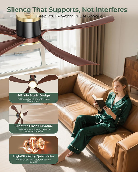 52" Premium Walnut Solid Wood Ceiling Fan with Light - Whisper-Quiet DC Motor, 6 Speeds, 3000K-6000K Dimmable LED, Remote Control with Timer, 2 Downrods for Indoor/Outdoor, A++ Energy Saving