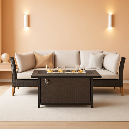 6-Piece Outdoor Patio Conversation Set with 56" Gas Fire Pit Table, Half-Moon Curved Sectional Sofa Outdoor Rattan Furniture Patio Set for 5 Seats with Cushioned, Beige