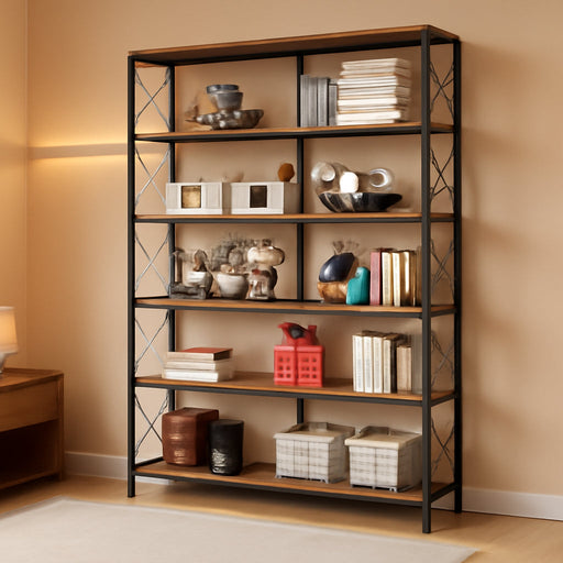 6-Shelf Corner Bookcase, Vintage Industrial Corner Bookshelf Etagere Bookcase, 6 Tiers Corner Shelf Storage Rack with Metal Frame for Living Room Home Office