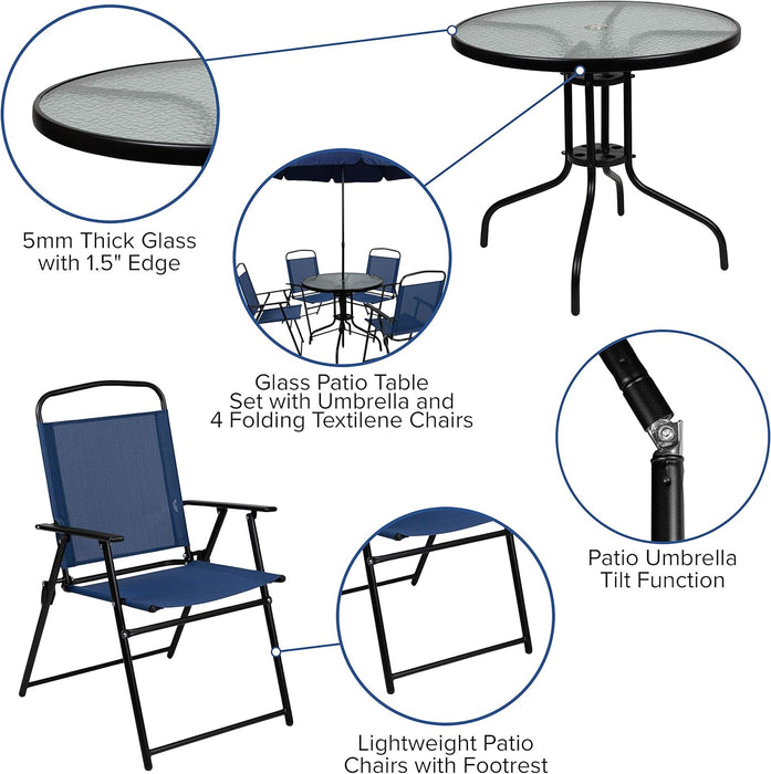 6 Piece Navy Patio Garden Set with Table, Umbrella and 4 Folding Chairs