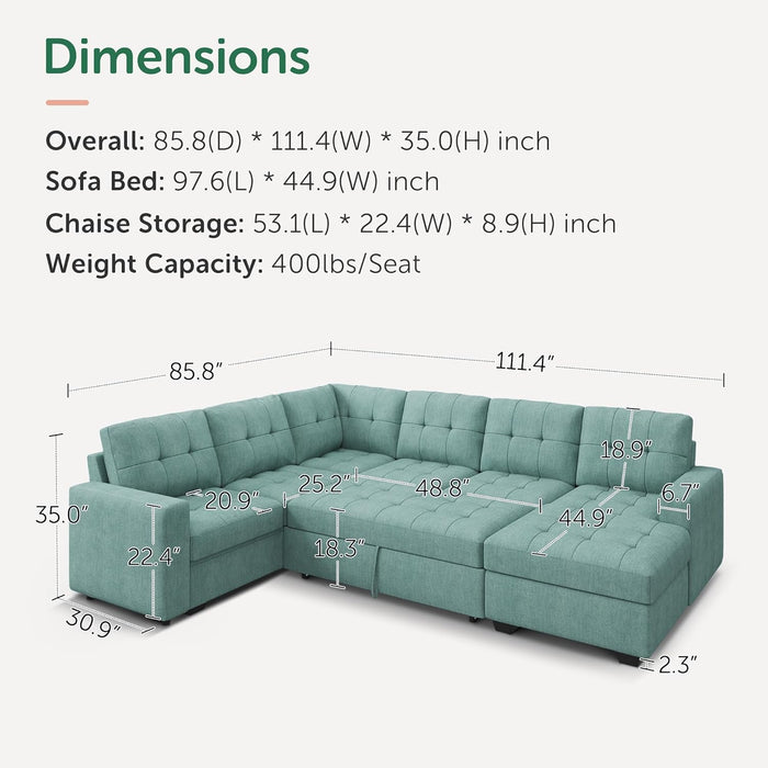 Sectional Sleeper Sofa Bed With Integrated Storage