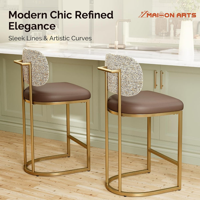 Counter Height Bar Stools Set of 3, Kitchen Barstools with Back | 24 Inch Modern Bar Stool, Metal Gold Barstool for Kitchen Island, Faux Leather Countertop Stools, Taupe