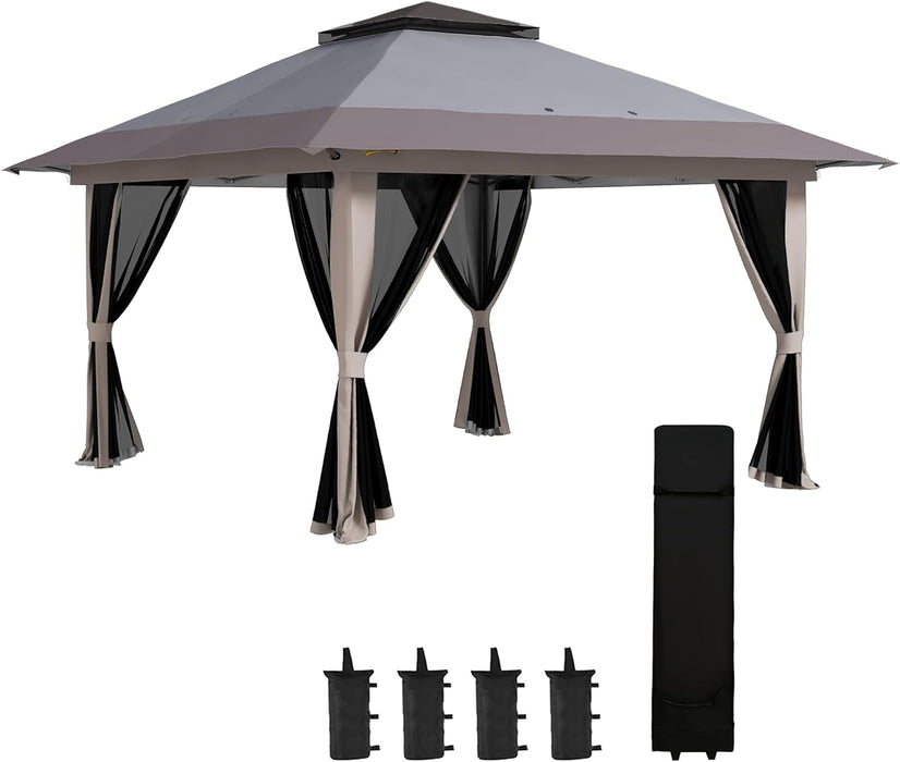 13' X 13' Pop up Gazebo with Netting, UPF 50+ Instant Canopy Tent Shelter with Water/Sand Bags, Wheeled Carry Bag, for Outdoor, Garden, Parties, Light Gray