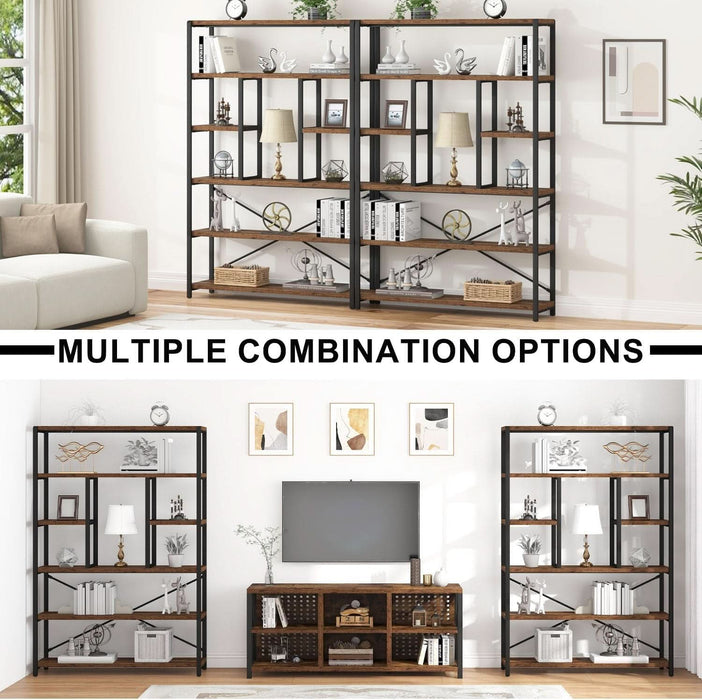 Rustic Bookcases and Book Shelves, Metal Wood 6 Tier Bookshelf and Book Rack Storage, Industrial Vertical Display Etagere Book Case 6 Shelf, Vintage Large Book Shelf for Bedroom Living Room, Brown