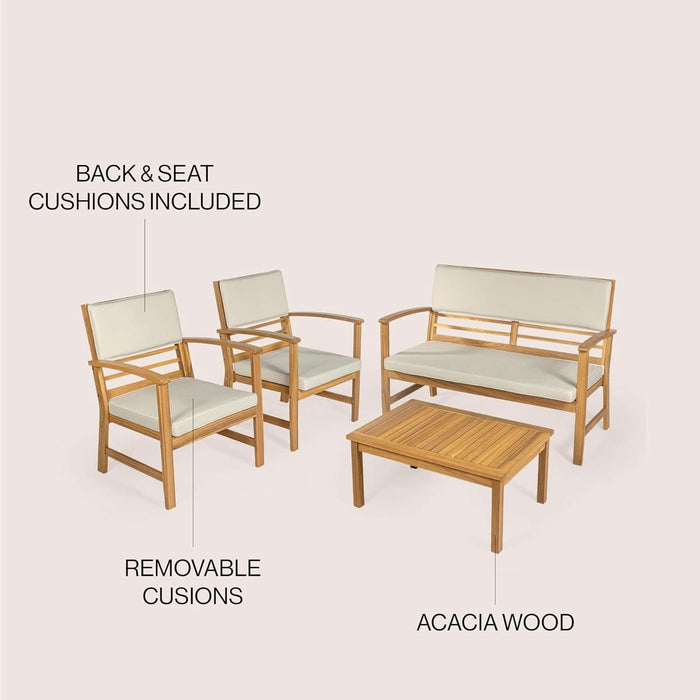 LVG1000A-4SET Barclay 4-Piece Modern Coastal Acacia Wood Conversation Outdoor Patio Set with Cushions Transitional, Classic, Traditional, Vintage, Mid-Century, Light Gray/Teak Brown
