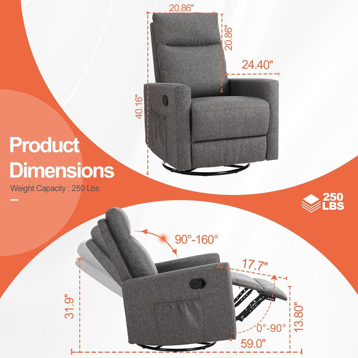 Recliner Chair, Swivel Rocking, Glider Rocker Recliner, Nursery Chair with Extra Large Footrest for Living Room, High Back, Upholstered Deep Seat (Grey)