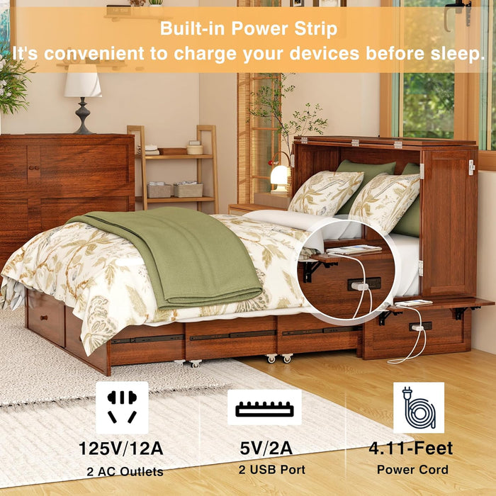 Solid Wood Murphy Bed Cabinet：Queen Size Murphy Bed with USB Charging Station and Large Storage Drawer for Home，Optimize Sleeping Space（Mattress Not Included） Teak-1