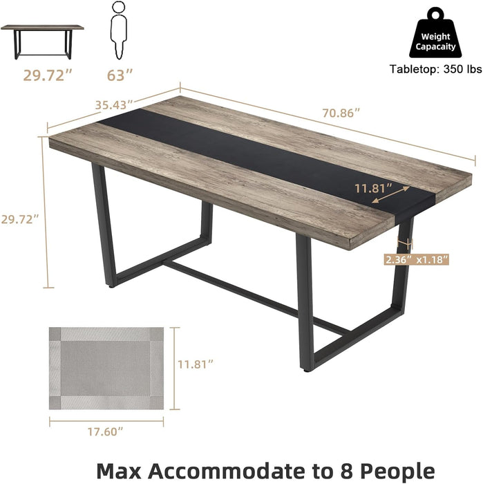 71" 6Ft Large Dinner Table for 6 8 Seat Dining Room Table, Rectangular Farmhouse Modern Kitchen Long Black & Grey Industrial Conference (Grey)