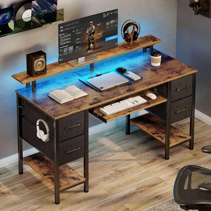 Computer Desk 47.2" with LED Lights & Power Outlets, Home Office Desk with 4 Drawers, Writing Desk with Keyboard Tray, Study Desk with Monitor Stand, Work Desk for Home Office, Rustic Brown
