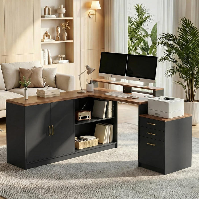 63" L Shaped Executive Desk with Drawers & Monitor Stand, Corner Desk