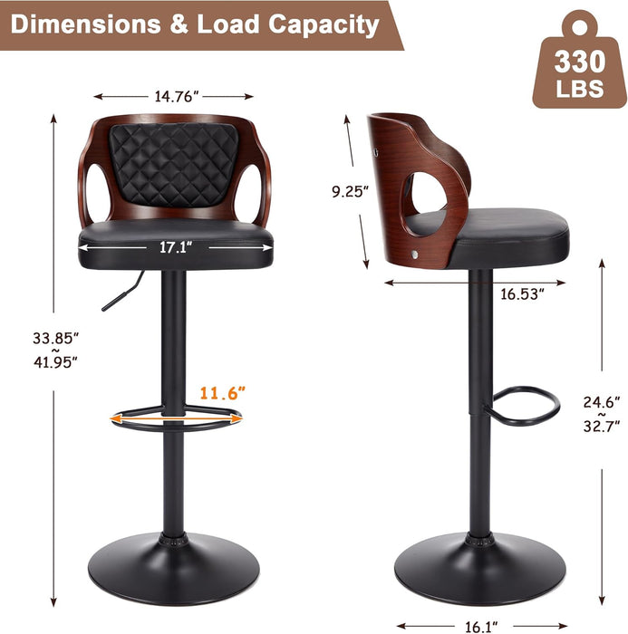 Barstools Set of 2,Counter Height Stools with Bentwood Back&Arm, Swivel Barstools,Pu Leather Kitchen Island Stools, Adjustable Height Bar Chairs for Club Pub Dining Room,Black