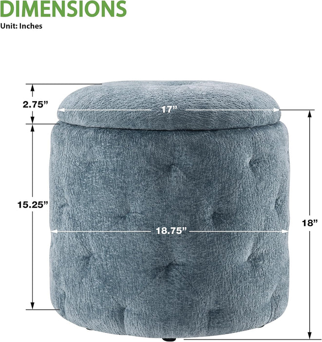Erindale round Storage Ottoman, 18.75 Inch Diamond Tufted, Plush Lined Interior, Sky Blue