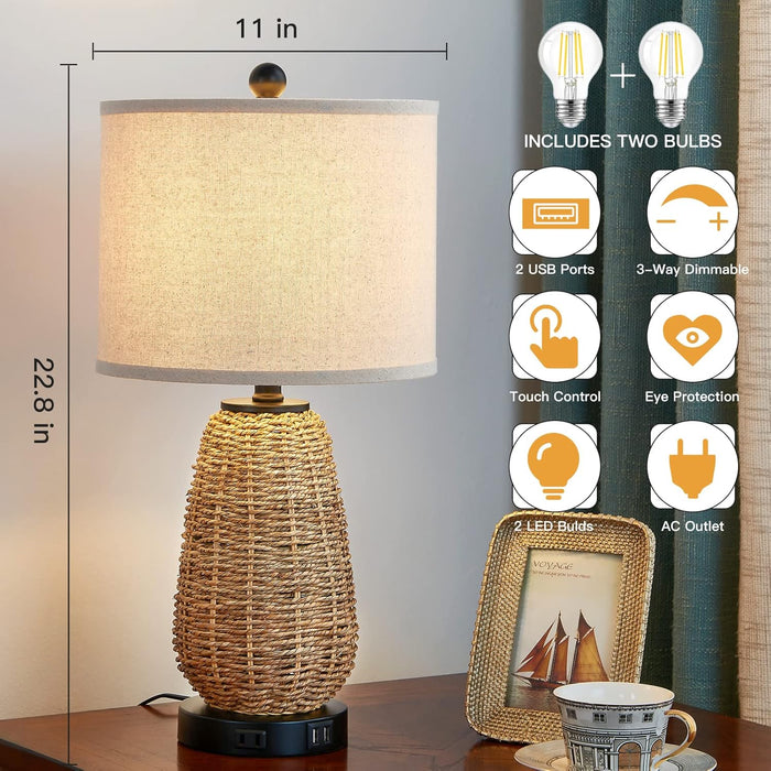 Touch Control Rattan Table Lamps, 3 Way Dimmable Bedside Lamps for Bedroom Set of 2 with 2 USB Ports and AC Outlet, Nightstand Lamps for Living Room (LED Bulbs Included), Grass