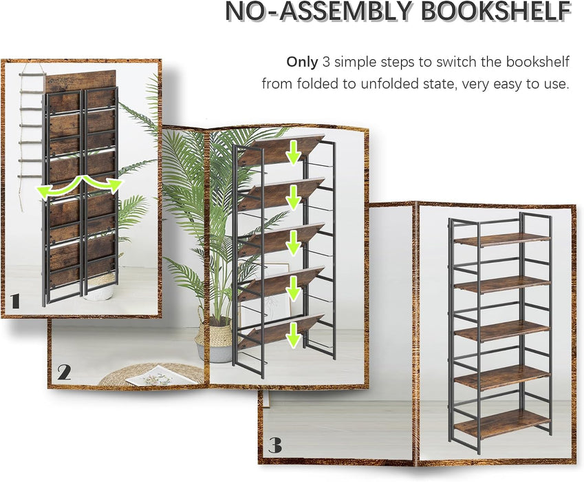 No Assembly 5 Tier Collapsible Book Shelves, 51.2" H X 23.6" W Folding Bookshelf Bookcase Open Industrial Foldable Shelf for Bedroom, Living Room, Home Office - Rustic Brown
