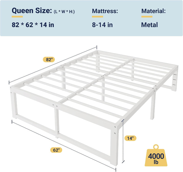 14 Inch Queen Metal Bed Frame, 4000LBS Heavy Duty Support, White