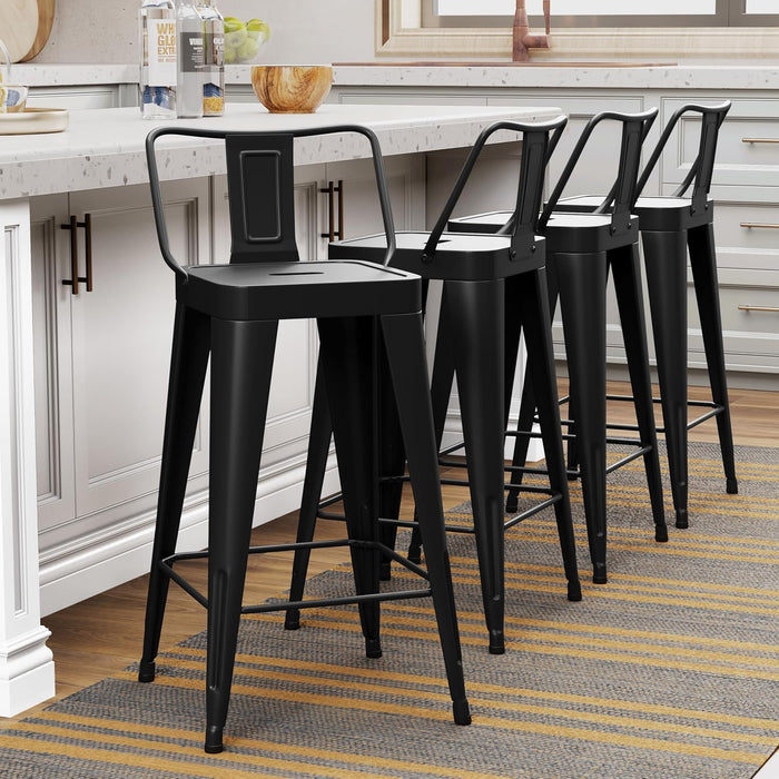 Metal Bar Stools Set of 4 Counter Height Black Barstools with Removable Back 24" Kitchen Bar Stools