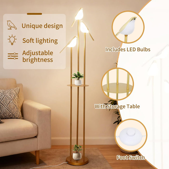 𝑼𝒑𝒈𝒓𝒂𝒅𝒆 Unique Gold Floor Lamps for Living Room, with 3 Adjustable LED Bird Lights and Storage Shelf, Brightness Adjustable, Stand up Lamp for Bedroom Kids Room Office