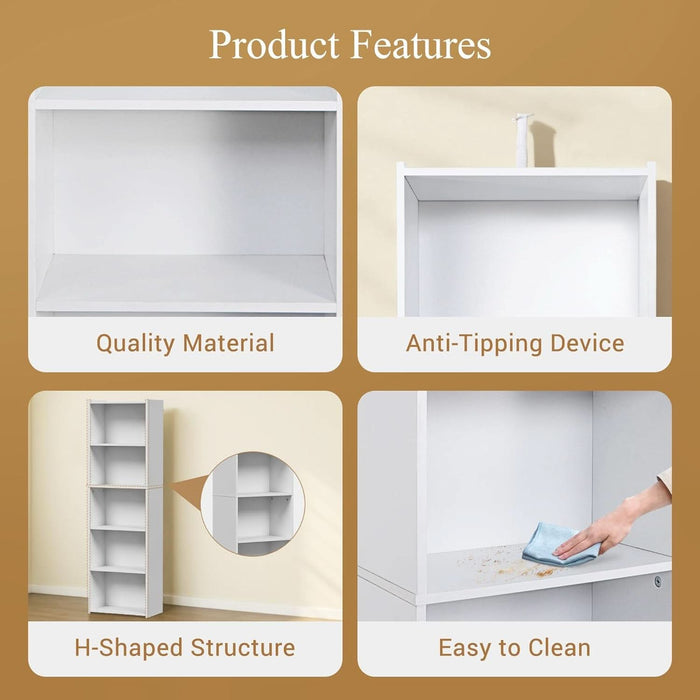 5-Tier Shelf Bookcase, Freestanding Wood Storage Display Open Bookshelf for Home Office, White