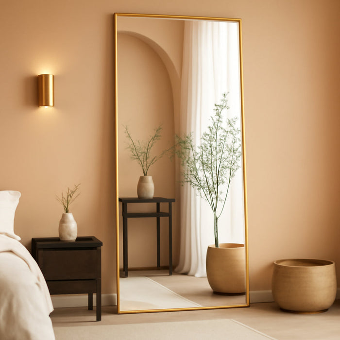 Full-Length Floor Mirror with Stand, 58"X18" Rectangle Style Full Body Standing Mirror for Bedroom, Living Room, Gym, Dorm - Shatter-Resistant & Easy Assembly, Gold