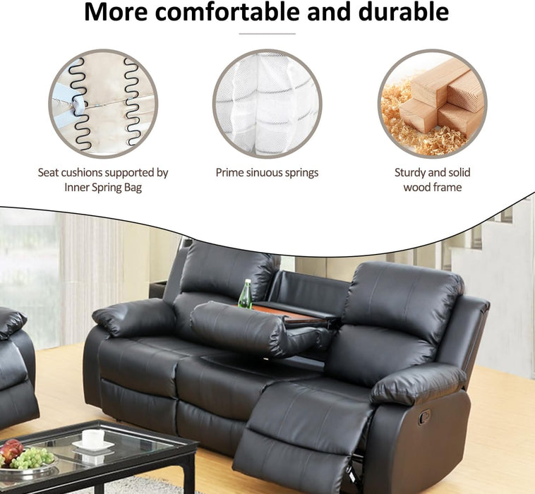 Living Room Furniture Set Leather Recliner Sofa Set Loveseat Chair Furniture Sofa Set for Living Room/Small Space/Rv/House/Office/Theater Seating (A-Black Leather, Sofa(3Seater))