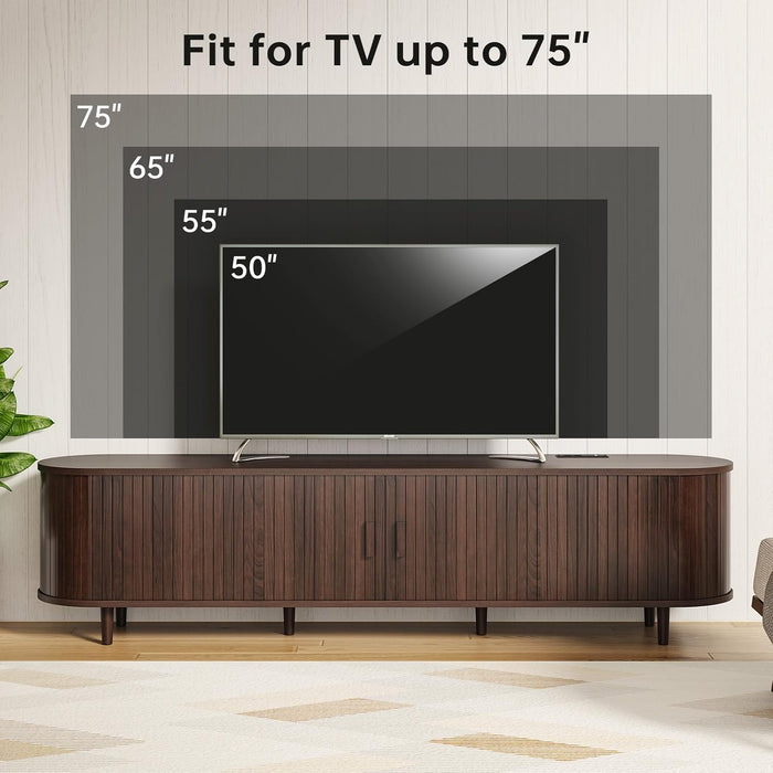 70" Mid Century Modern TV Stand with Sliding Doors, Wood Entertainment Center with Storage and Adjustable Shelves, Fluted Media TV Consoles for Living Room, Walnut